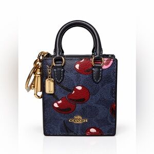 Coach Navy Mini Tote Keychain with Red Cherry Print